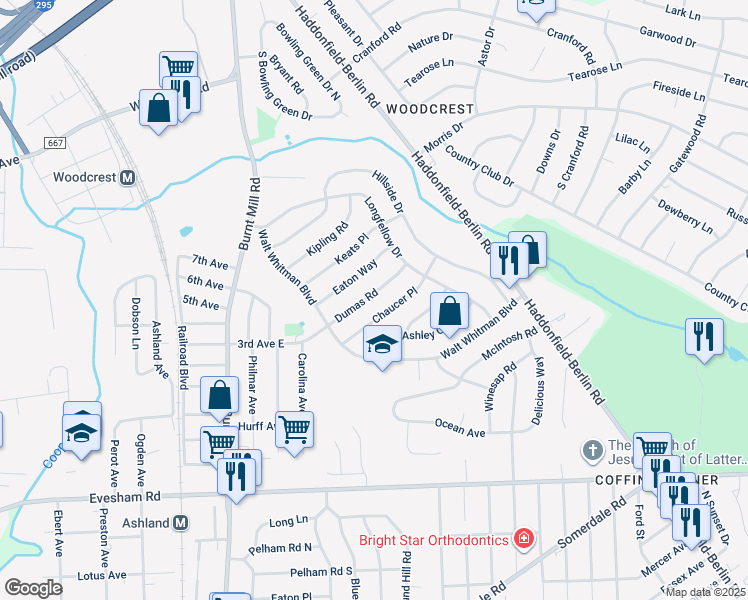 map of restaurants, bars, coffee shops, grocery stores, and more near 128 Dumas Road in Cherry Hill