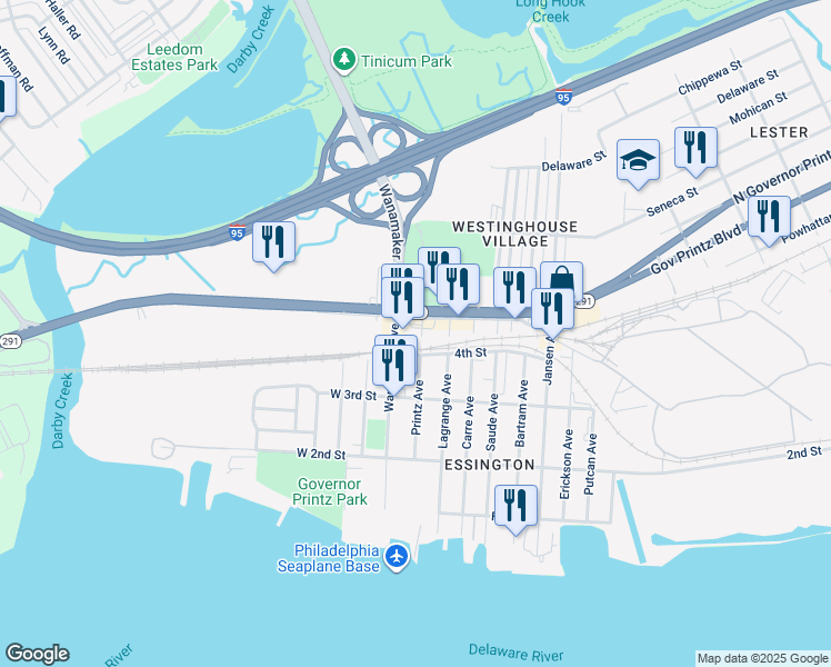 map of restaurants, bars, coffee shops, grocery stores, and more near 406 Printz Avenue in Tinicum Township