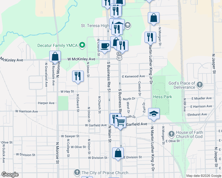 map of restaurants, bars, coffee shops, grocery stores, and more near 101-199 E Kellar Ln in Decatur