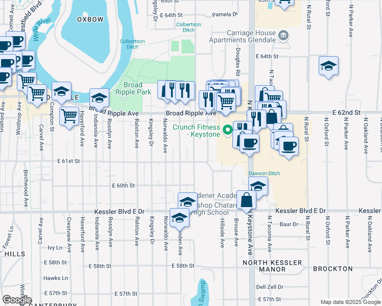 map of restaurants, bars, coffee shops, grocery stores, and more near 6101 Evanston Avenue in Indianapolis
