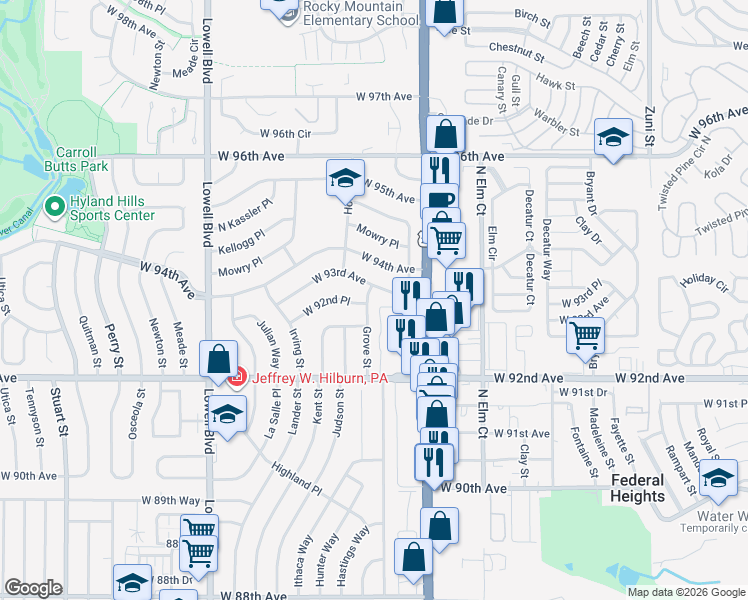 map of restaurants, bars, coffee shops, grocery stores, and more near 3061 West 92nd Avenue in Westminster