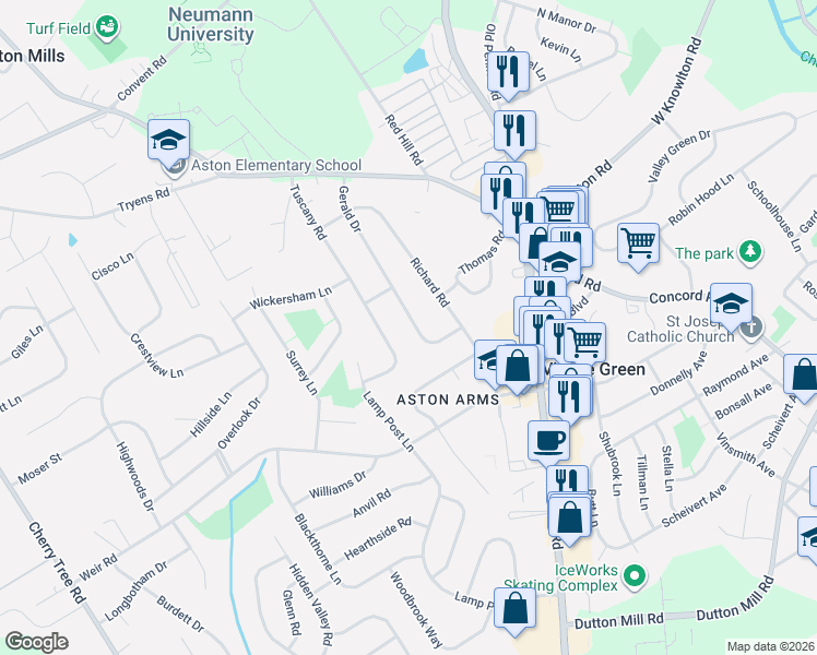 map of restaurants, bars, coffee shops, grocery stores, and more near 213 Tuscany Road in Aston