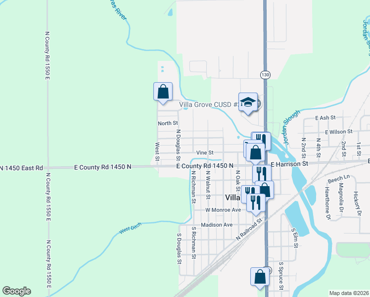 map of restaurants, bars, coffee shops, grocery stores, and more near 403 Vine Street in Villa Grove