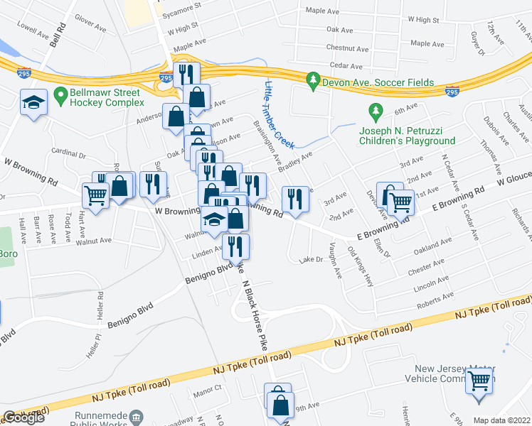map of restaurants, bars, coffee shops, grocery stores, and more near 64 East Browning Road in Bellmawr
