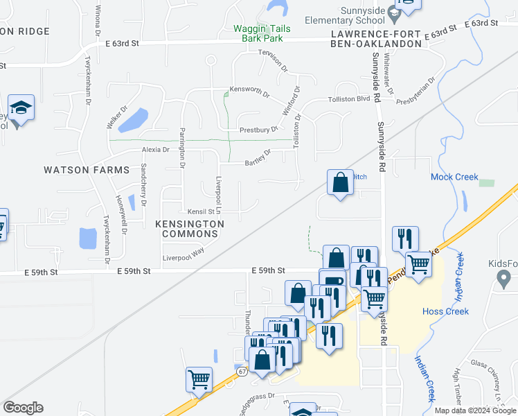 map of restaurants, bars, coffee shops, grocery stores, and more near 10549 Kensil Street in Indianapolis