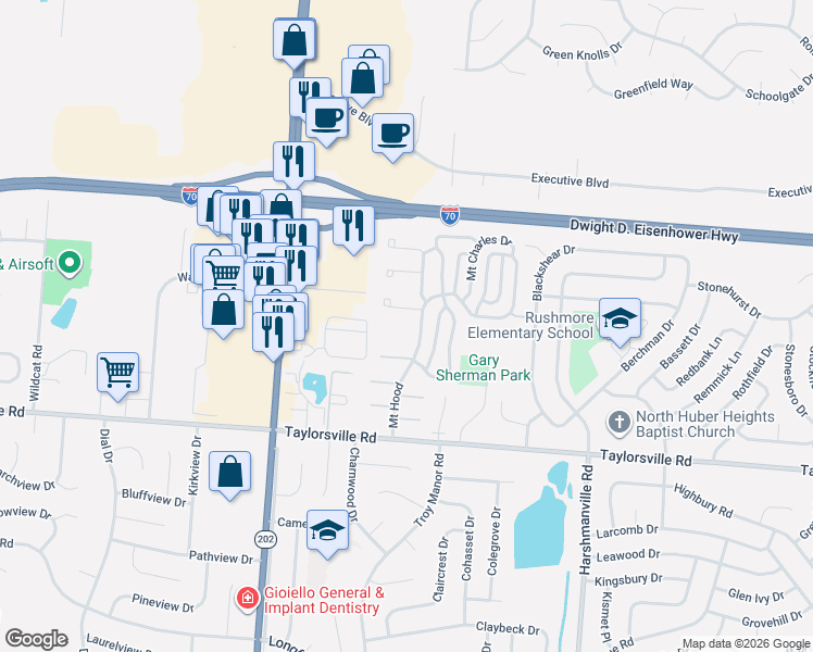 map of restaurants, bars, coffee shops, grocery stores, and more near 7641 Mount Hood in Dayton