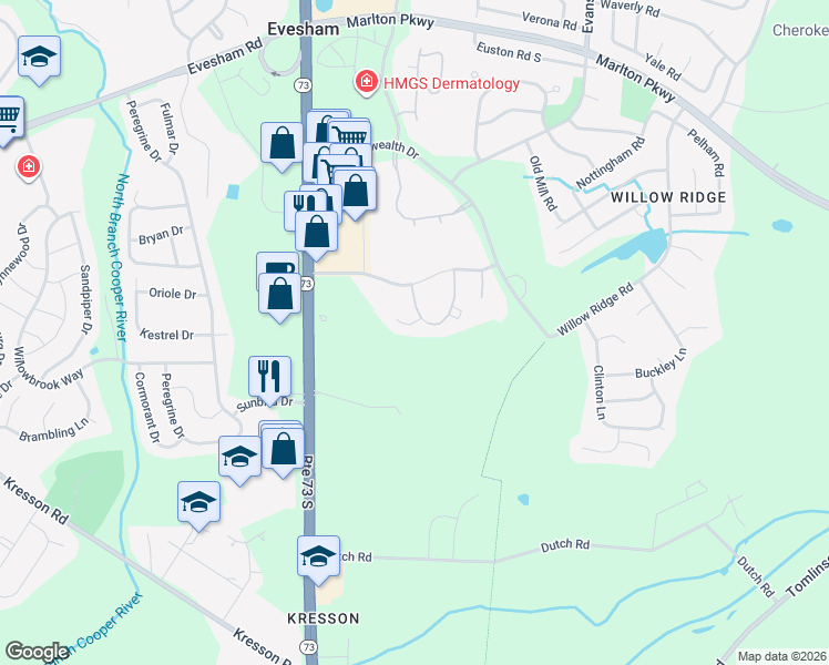 map of restaurants, bars, coffee shops, grocery stores, and more near 135 Lamplighter Court in Evesham