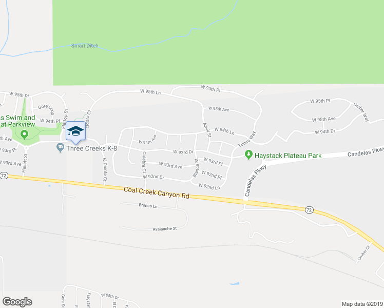 map of restaurants, bars, coffee shops, grocery stores, and more near 18562 West 93rd Place in Arvada