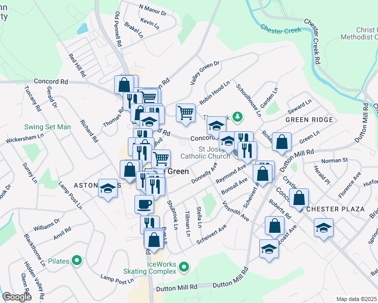 map of restaurants, bars, coffee shops, grocery stores, and more near 3471 Concord Road in Aston