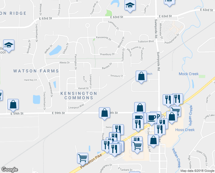 map of restaurants, bars, coffee shops, grocery stores, and more near 10543 Kensil Street in Indianapolis