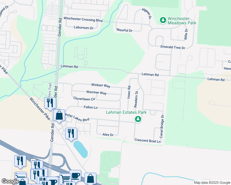 map of restaurants, bars, coffee shops, grocery stores, and more near 6762 Warriner Way in Canal Winchester