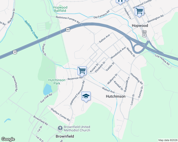 map of restaurants, bars, coffee shops, grocery stores, and more near 1003 Walnut Avenue in Uniontown