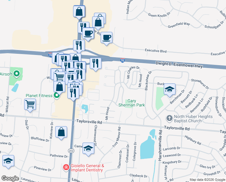 map of restaurants, bars, coffee shops, grocery stores, and more near 7593 Dalmation Drive in Dayton