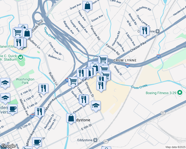 map of restaurants, bars, coffee shops, grocery stores, and more near 1570 Chester Pike in Crum Lynne