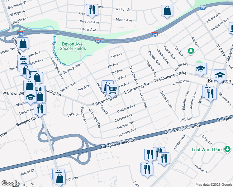 map of restaurants, bars, coffee shops, grocery stores, and more near 335 Majestic Avenue in Bellmawr