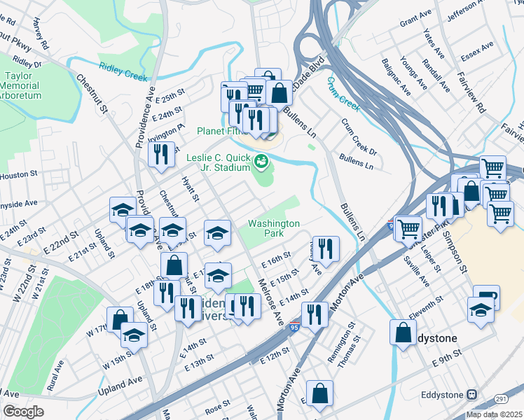 map of restaurants, bars, coffee shops, grocery stores, and more near 938 East 18th Street in Chester