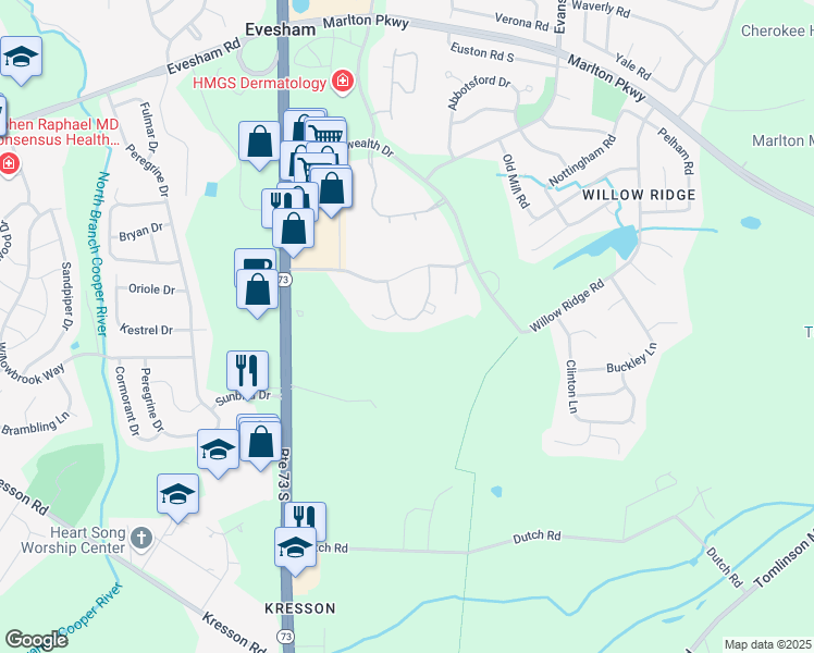 map of restaurants, bars, coffee shops, grocery stores, and more near 135 Lamplighter Court in Evesham
