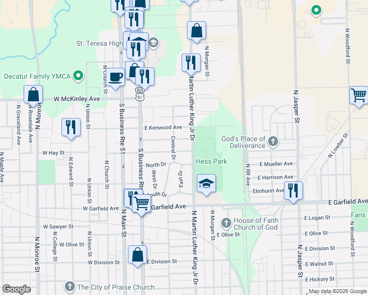 map of restaurants, bars, coffee shops, grocery stores, and more near 2198 Central Drive in Decatur