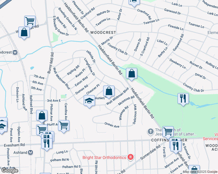 map of restaurants, bars, coffee shops, grocery stores, and more near 112 Ashley Court in Cherry Hill