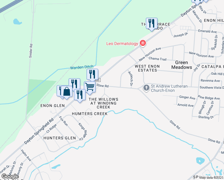 map of restaurants, bars, coffee shops, grocery stores, and more near 2144 Willow Run Circle in Enon