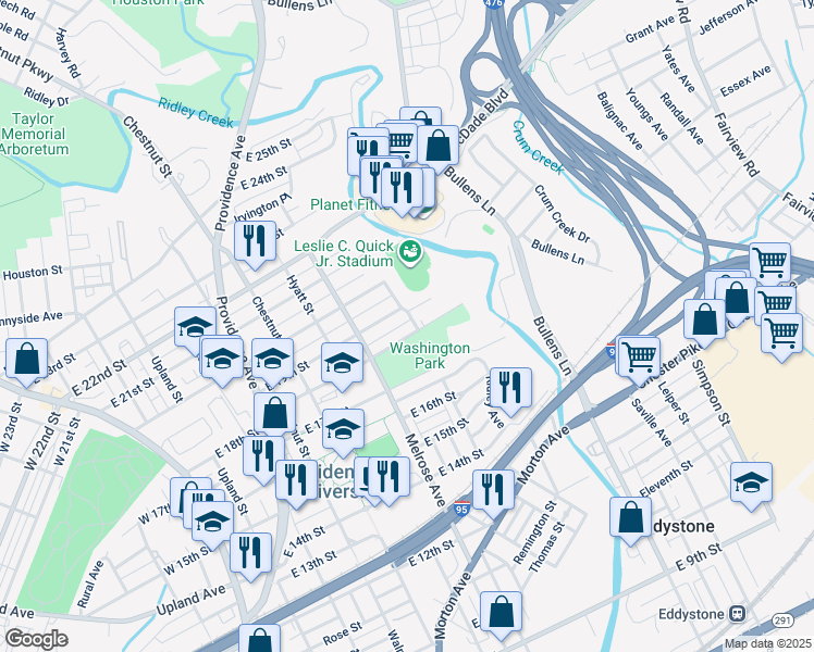map of restaurants, bars, coffee shops, grocery stores, and more near 934 East 18th Street in Chester