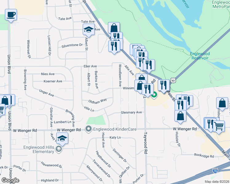 map of restaurants, bars, coffee shops, grocery stores, and more near 708 Hile Lane in Englewood