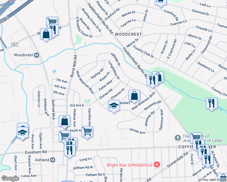 map of restaurants, bars, coffee shops, grocery stores, and more near 124 Chaucer Place in Cherry Hill