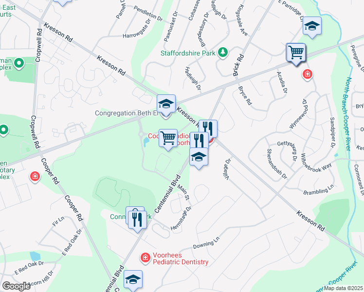 map of restaurants, bars, coffee shops, grocery stores, and more near in Voorhees Township