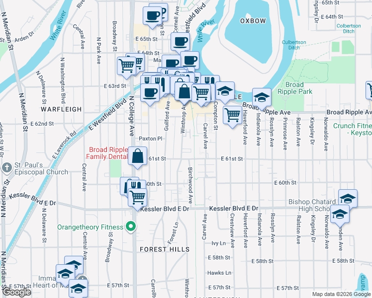 map of restaurants, bars, coffee shops, grocery stores, and more near 6048 Winthrop Avenue in Indianapolis