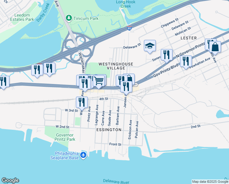 map of restaurants, bars, coffee shops, grocery stores, and more near 345 Bartram Avenue in Tinicum Township