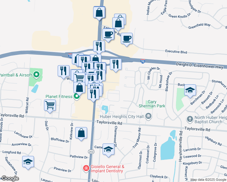 map of restaurants, bars, coffee shops, grocery stores, and more near 5598 Huber Road in Huber Heights