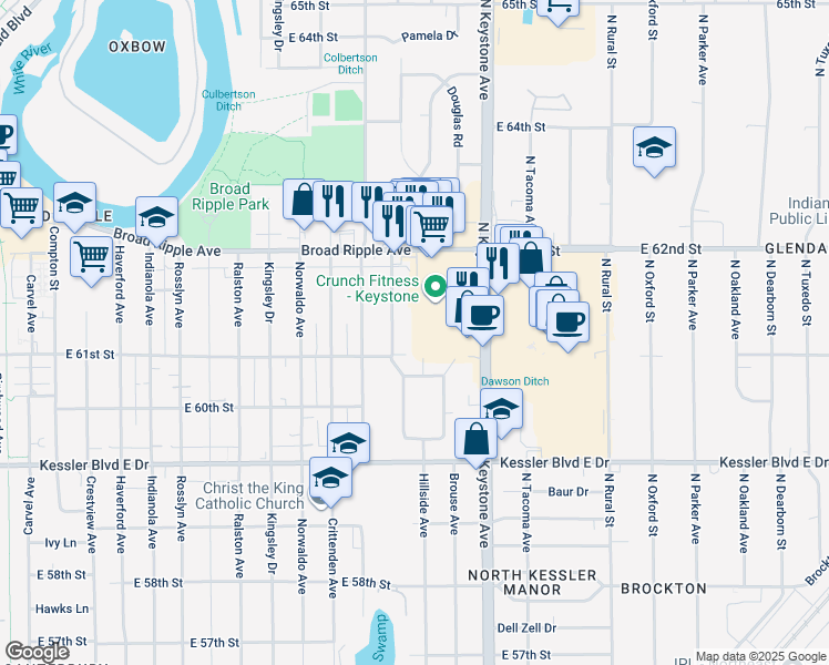 map of restaurants, bars, coffee shops, grocery stores, and more near 6101 Burlington Avenue in Indianapolis