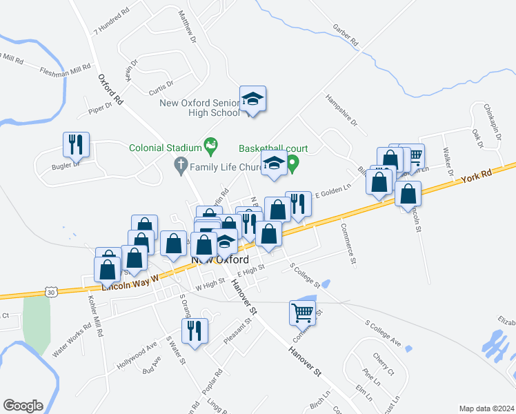 map of restaurants, bars, coffee shops, grocery stores, and more near 112 North Berlin Avenue in New Oxford