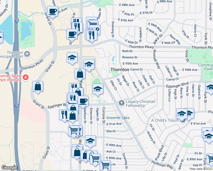 map of restaurants, bars, coffee shops, grocery stores, and more near 9451 Hoffman Way in Thornton