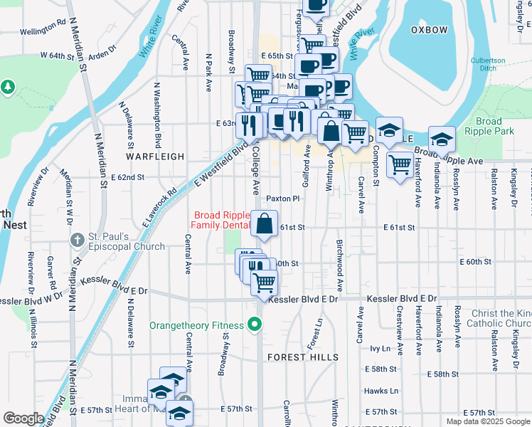 map of restaurants, bars, coffee shops, grocery stores, and more near 6060 Carrollton Avenue in Indianapolis