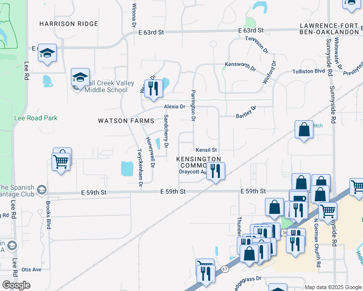 map of restaurants, bars, coffee shops, grocery stores, and more near 10241 Cadogan Drive in Indianapolis