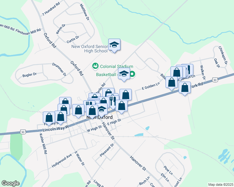map of restaurants, bars, coffee shops, grocery stores, and more near 112 North Berlin Avenue in New Oxford