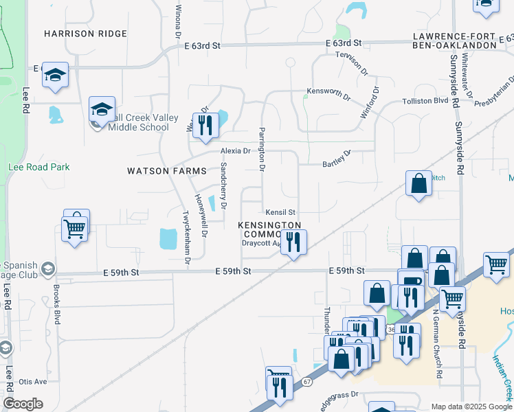 map of restaurants, bars, coffee shops, grocery stores, and more near 10250 Hornton Street in Indianapolis