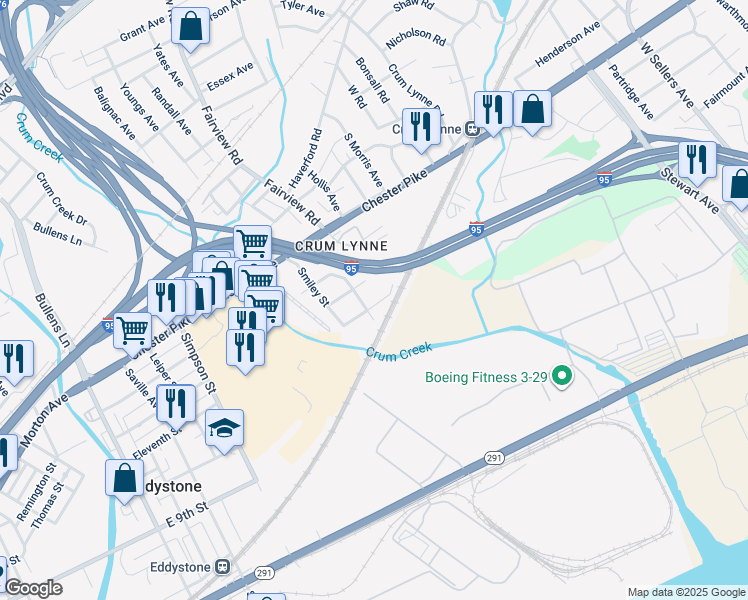 map of restaurants, bars, coffee shops, grocery stores, and more near 1163 Adams Street in Crum Lynne
