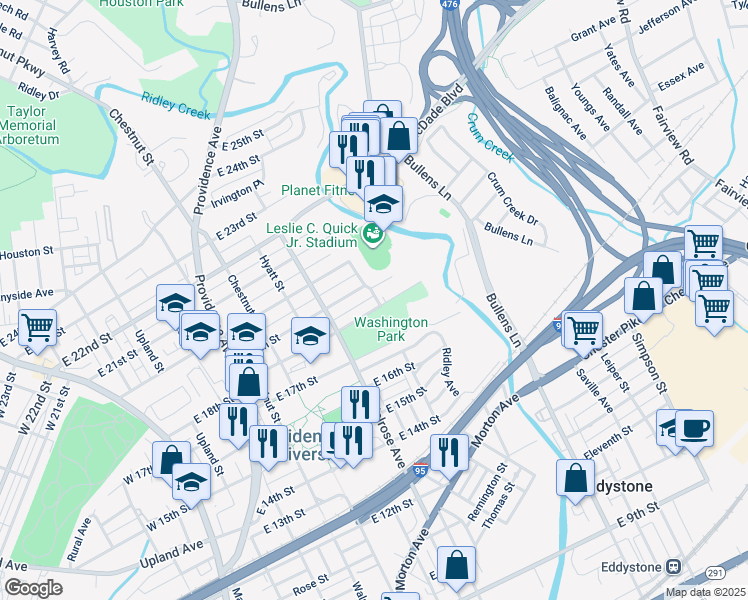 map of restaurants, bars, coffee shops, grocery stores, and more near 938 East 18th Street in Chester