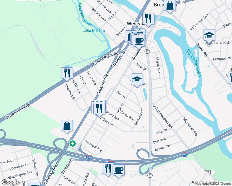 map of restaurants, bars, coffee shops, grocery stores, and more near 6 Oak Avenue in Westville