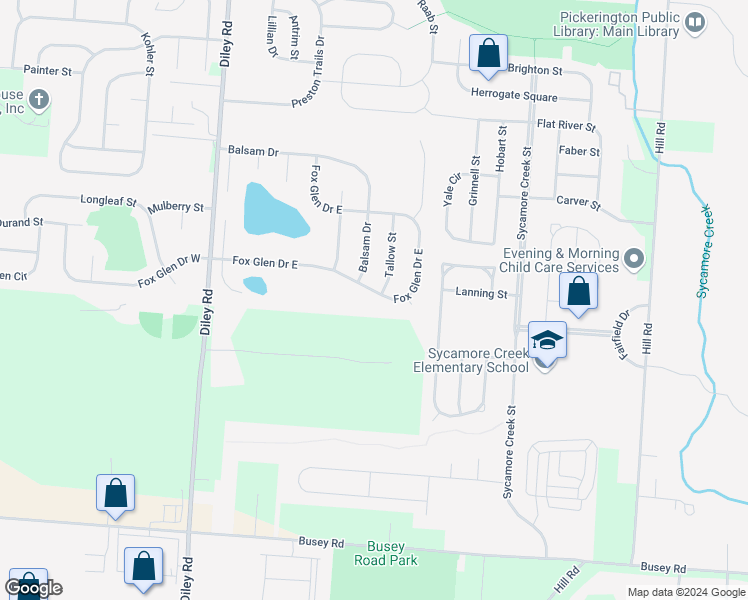 map of restaurants, bars, coffee shops, grocery stores, and more near 207 Fox Glen Drive East in Pickerington