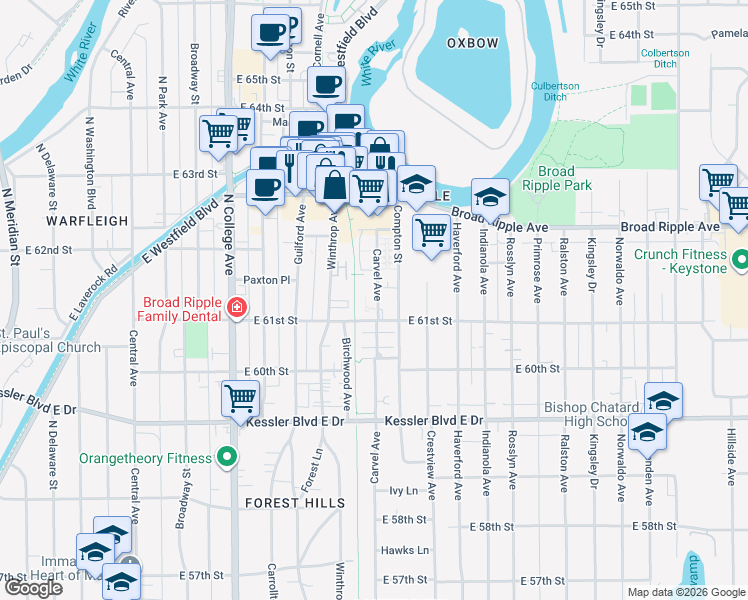 map of restaurants, bars, coffee shops, grocery stores, and more near 6116 Carvel Avenue in Indianapolis