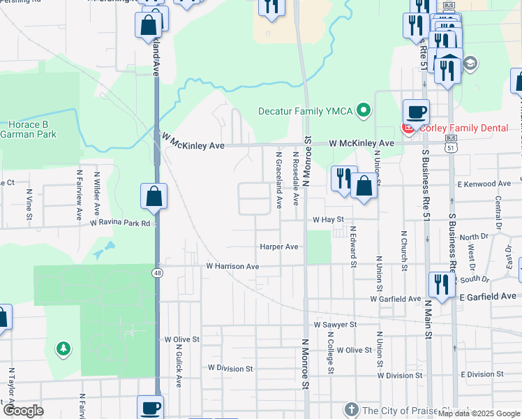 map of restaurants, bars, coffee shops, grocery stores, and more near 104 Graceland Court in Decatur