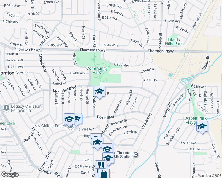 map of restaurants, bars, coffee shops, grocery stores, and more near 2501 Eppinger Boulevard in Thornton