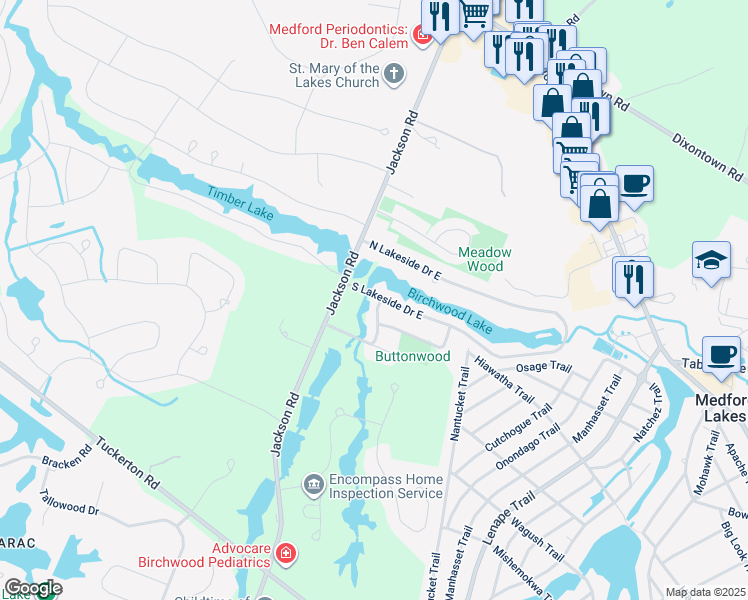 map of restaurants, bars, coffee shops, grocery stores, and more near 206 South Lakeside Drive West in Medford