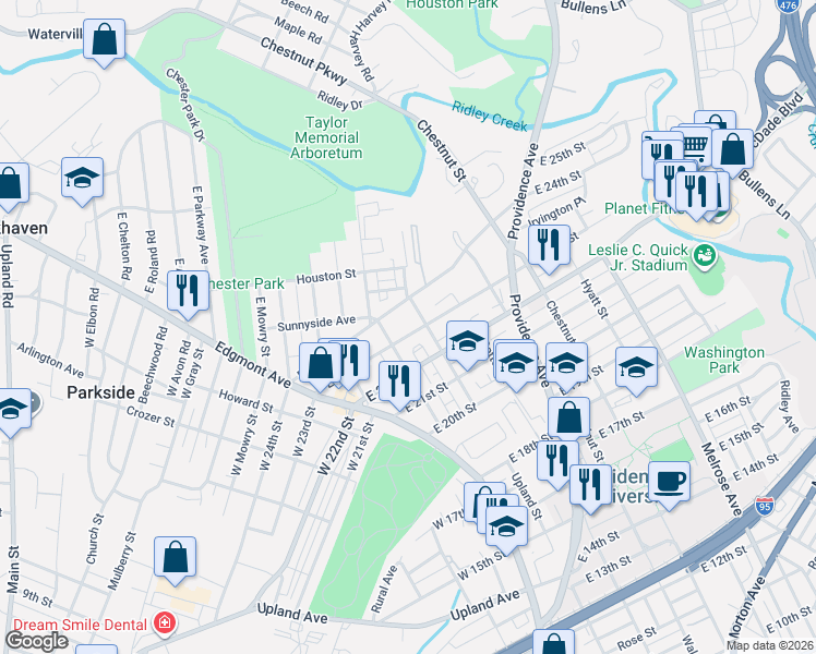 map of restaurants, bars, coffee shops, grocery stores, and more near 301 East 24th Street in Chester