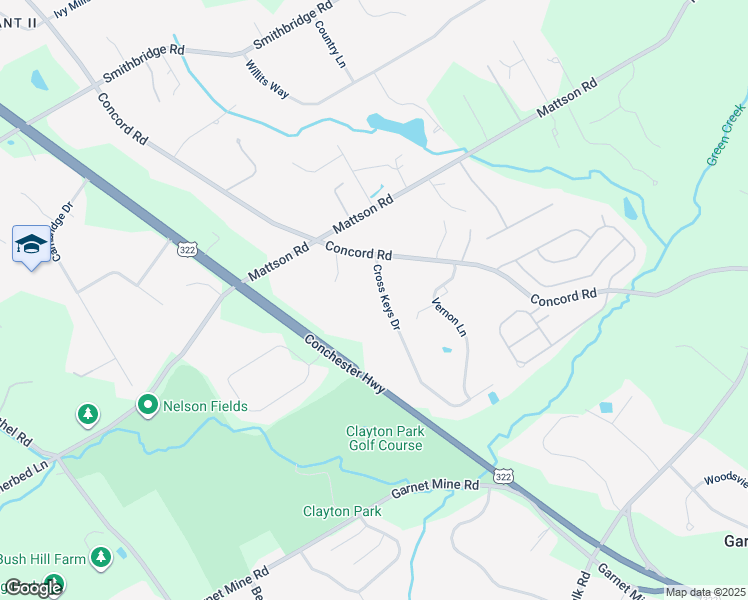 map of restaurants, bars, coffee shops, grocery stores, and more near 24 Cross Keys Drive in Garnet Valley