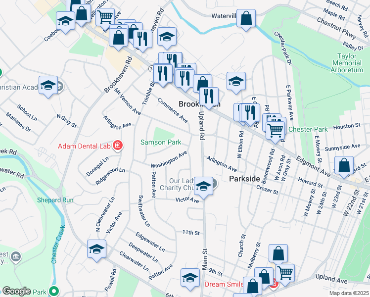 map of restaurants, bars, coffee shops, grocery stores, and more near 112 Washington Avenue in Brookhaven