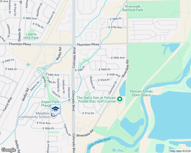 map of restaurants, bars, coffee shops, grocery stores, and more near 4354 East 94th Avenue in Thornton